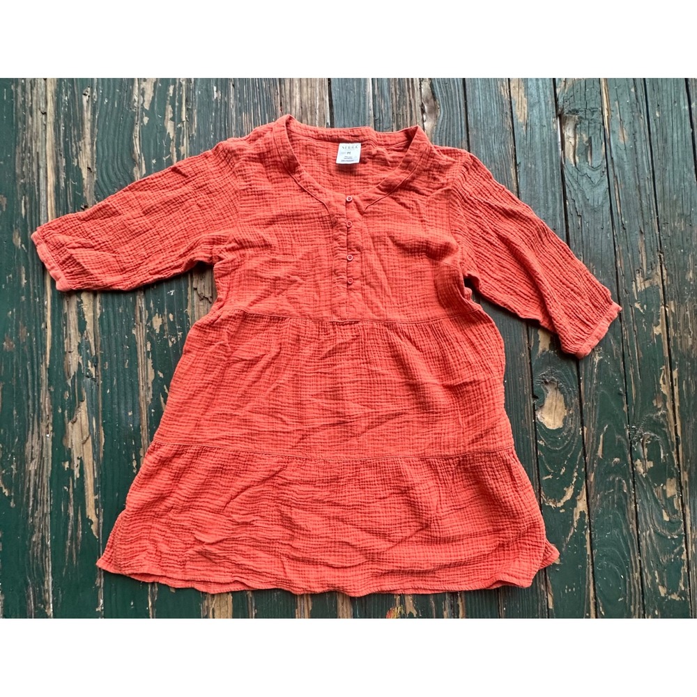 Serra Orange Double Gauze Cotton Tiered Tunic Dress Medium Henley 3/4 Sleeve